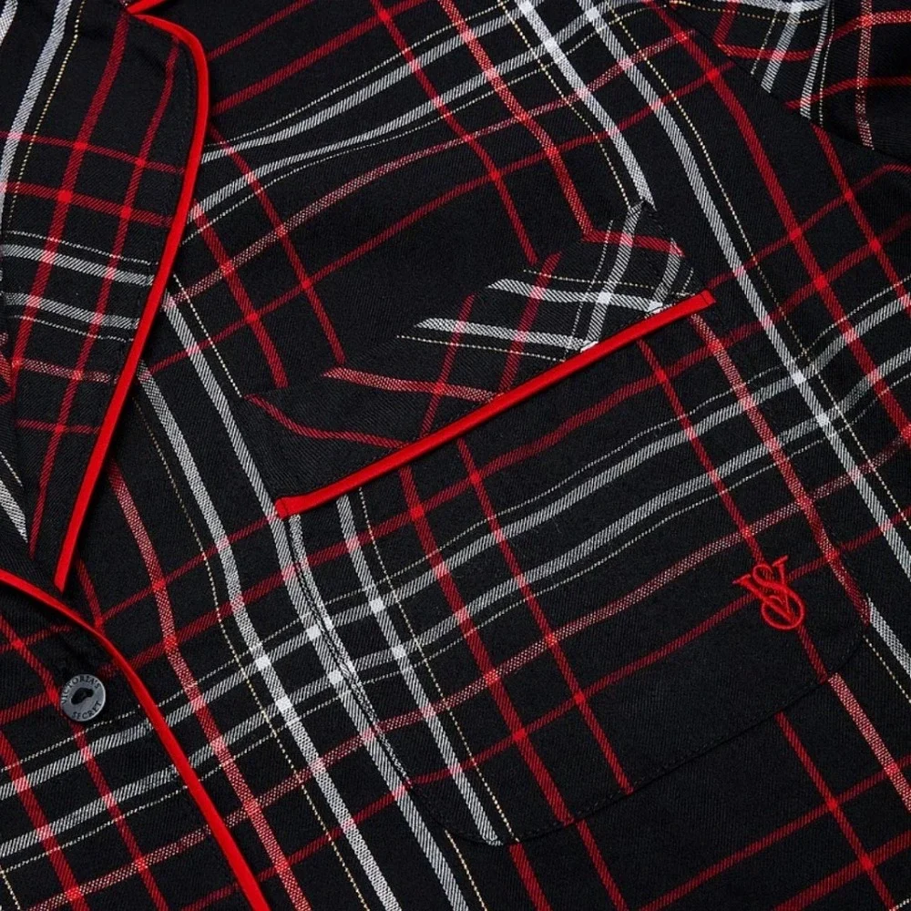 Victoria's Secret Flannel Long Pajama Set Black Red White Plaid Signature PJ S - Picture 3 of 10